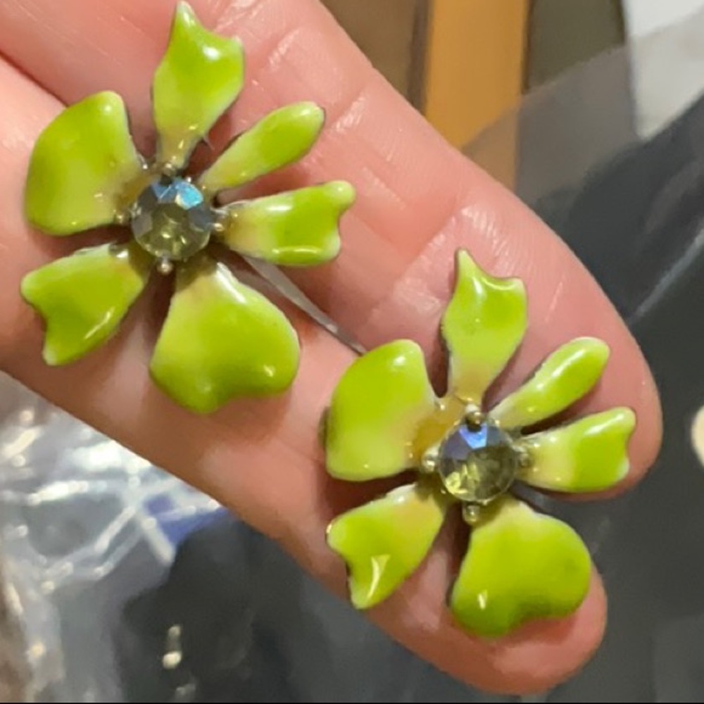 Green Enamel and Sparkly Rhinestone Floral Clip Earrings